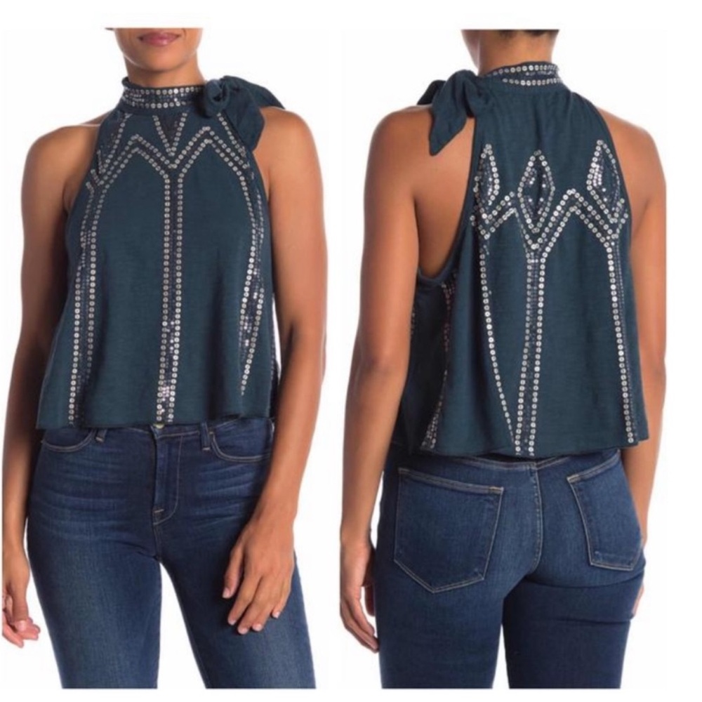 Free People Glitter City Tie Neck Dark Turquoise Sequin Tank Sleeveless Top‎